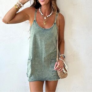 NWT Stone Acid Washed Jade Olive Green Athletic Mini Dress with Built in Romper